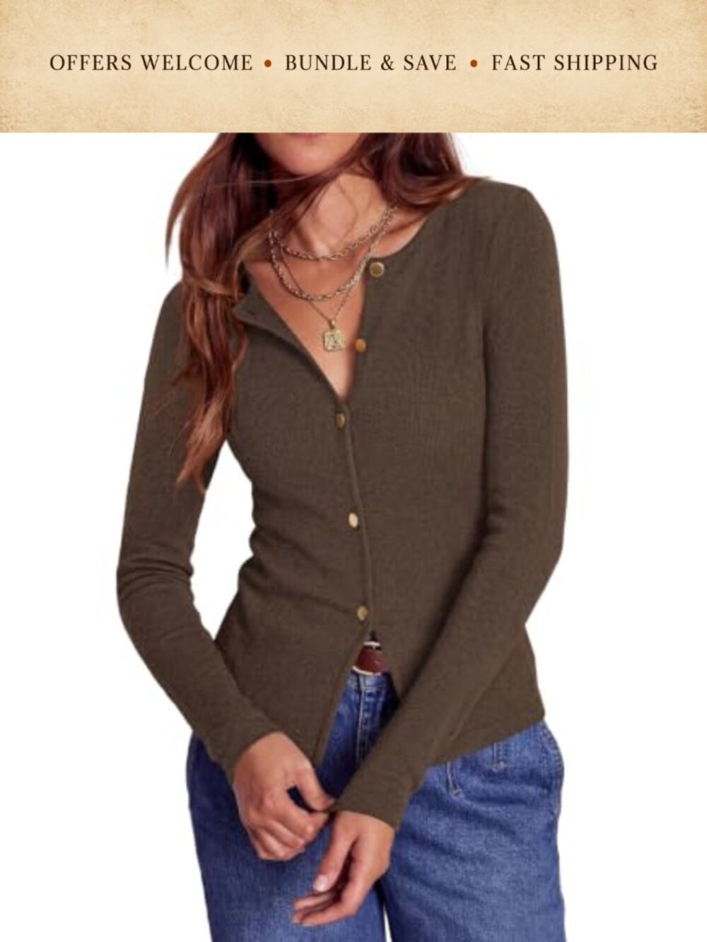 Ribbed Knit Button Up Long Sleeve Cardigan Sweater Fitted